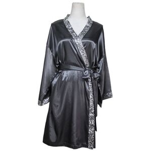 Thalia Sodi Charcoal Satin Robe with Animal Pattern Trim Size Large